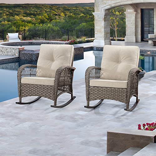 MeetLeisure Patio Wicker Rocking Chair Set of 2 - All-Weather Outdoor Rocker Chair Two Pieces with Safe Rocking Design and Premium Fabric Cushions (Mixed Grey/Beige) - Thumbnail 2