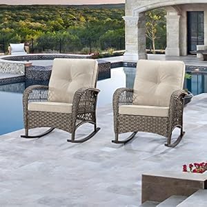 Patio Wicker Rocking Chair Set of 2 - All-Weather Outdoor Rocker Chair Two Pieces with Safe Rocking Design and Premium Fabric Cushions (Mixed Grey/Beige) Patio Wicker Rocking Chair Set of 2 All Weather Outdoor Rocker Chair Two Pieces with Safe Rocking Design and Premium Fabric Cushions Mixed GreyBeige