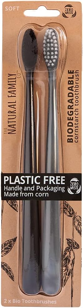 The Natural Family Co.Bio Toothbrush, Soft Nylon Bristles with Non GMO Cornstarch Handles, Plastic Free Packaging and Pirate Black and Monsoon Mist Twin Pack