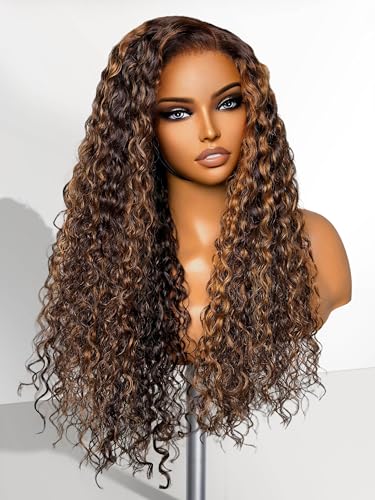 LUVME HAIR 18 Inch Highlight Brown Curly Lace Front Wig Human Hair Pre Cut Lace Glueless 5X5 Closure Wig Pre Plucked For Women 180 Density