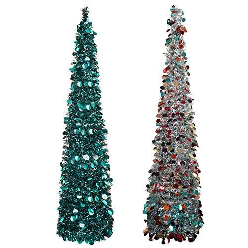 Blue And Silver Christmas Trees,5Ft Pop Up Pencil Tinsel Trees. #TOP16