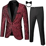 Mens 2 Piece Floral Suit Jacquard Dress Set One Button Print Slim Fit Vintage Dinner Jacket Pants fo