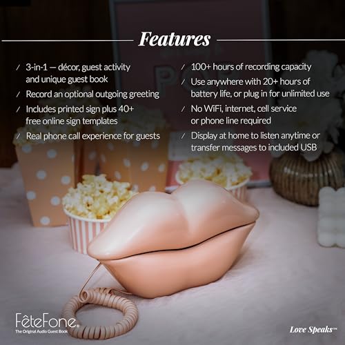 FeteFone The Smooch Retro Audio Guest Book Phone, Unique Voicemail Message Recorder, Guestbook Alternative for Wedding, Bridal Shower, Birthday Party, Baby Shower, Anniversary, Engagement