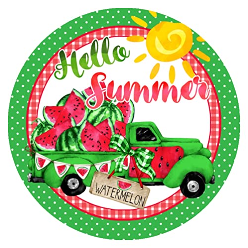Retro Round Tin Sign 12 X 12 Inches Hello Summer Watermelon Truck Wreath Attachment Funny Wall Decor Nostalgic Arts Decor Waterproof Plate Decoration Novelty Decorative Crafts Home Decor Gifts