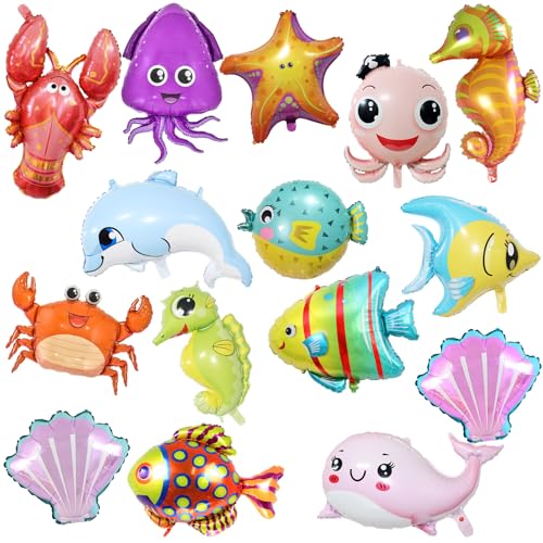 15 balões de animais do oceano, decorações de festa no mar, balões de tubarão bebé e peixes para decoração de aniversário de crianças, suprimentos de festa de baby shower