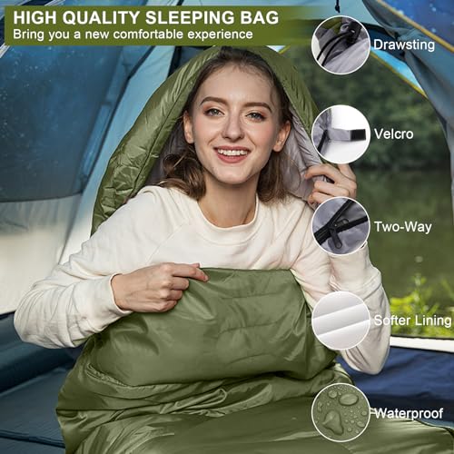 AQXONG Grüner Schlafsack, 220x85cm Wasserdichter Schlafsack mit Kompressionsbeutel, 3 Jahreszeiten Schlafsack 1.6kg, Tragbarer Schlafsack Geeignet für den Innen und Außenbereich, Tragbar und Leicht – Bild 5