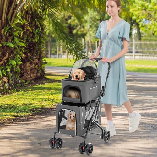 Poussette 3 en 1 pliable à 2 niveaux pour chiens et chats gris - 2