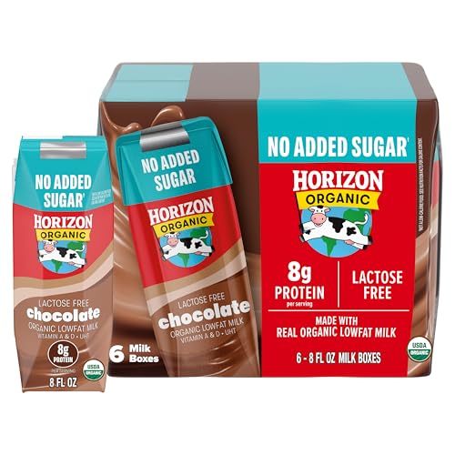NEW Horizon Organic Shelf Stable No Added Sugar Lactose Free 1% Lowfat Chocolate Milk Boxes, 8 fl oz, 6 Count - 8g Protein per Serving, USDA Organic, Ready to Drink, No Refrigeration Needed