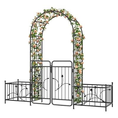 GOOBED Metal Garden Arbor with Gate & Planter Boxes for Climbing Plants, Black Wedding Arches for Party Decor, 87" H Metal Outdoor Archway for Lawn, Patio, Backyard