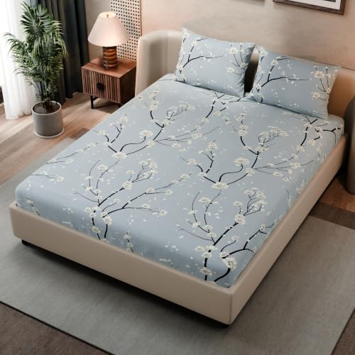 Image of BLISSHOME SoftTouch 140TC Cotton King Size Fitted Bedsheet with 2 Pillow Covers, Silky Smooth Bedding Set, Breathable, Easy Maintain, Floral Print - Grey, White (182cm x 198cm x 25cm Drop)