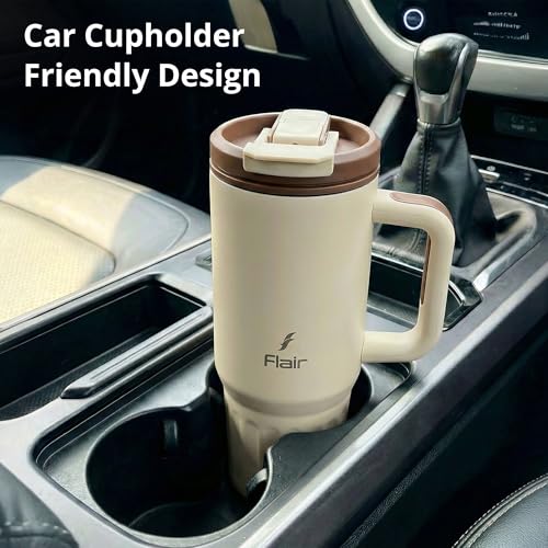 Image of FLAIR Vogue Vacuum Insulated Stainless Steel 750 ml Tumbler with Handle | 2-in-1 Lid with Flip Straw & Sip Spout -Beige | Hot & Cold Beverage Mug | Leak Resistant