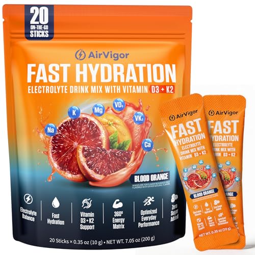 Electrolyte Powder, Fast Hydration & Daily Recovery Drink Mix, D3+K2 Enhanced Formula with 5 Electrolytes, 0 Sugar Added, Non-GMO, Gluten Free, Keto Friendly & Vegan, 20 Sticks (Blood Orange