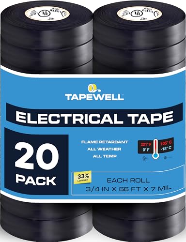 TAPEWELL Black Electric Tape, Professional Grade 3/4 inch x 66ft, PVC Electrical Insulating Tape for All Weather, U/L Approved, Waterproof, Home Improvement Electrical Equipment, Pack of 20