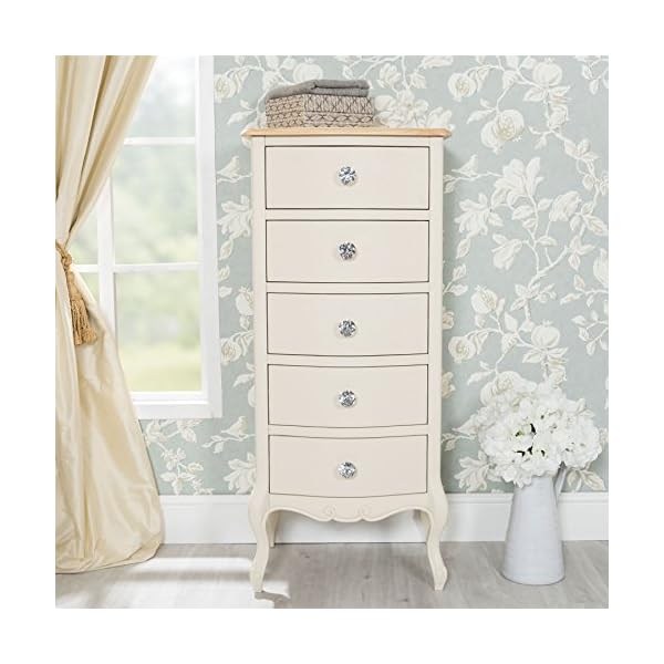 Juliette Tallboy with 5 drawers and crystal handles. French narrow chest of drawers. Choice of 2 colours. FULLY ASSEMBLED