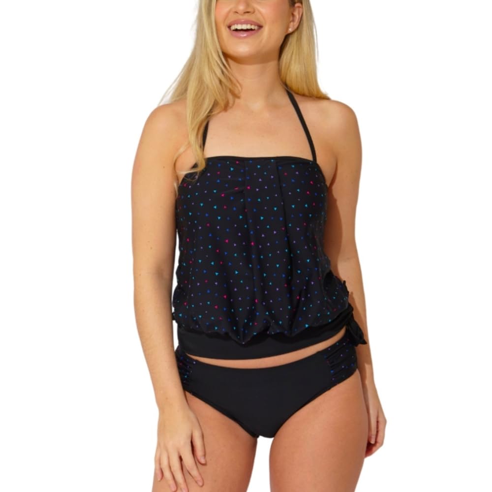 Scuba Women's Two Piece Tankini Set Bandeau Loose Blouson Drape Front UK Seller - Geo Print - Size 16