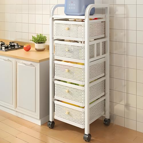 PFLife キッチンワゴン 引き出し キャスター付き 天板付き キッチン ラックワゴン スリム スライド式 トロリー収納ラック 移動式 キャスター付き 組立簡単 小物 調味料 洗面所 すき間ワゴン 台所 整理棚 (ホワイト, 5段-幅32.5cm)