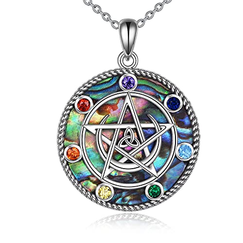 Pentagram Necklace Sterling Silver Chakra Moon Pentagram Pentacle Pendant necklace Celtics Pagan Wiccan Magic Amulet Jewelry for Women Teen Girls (Silver Abalone Pentagram necklace)