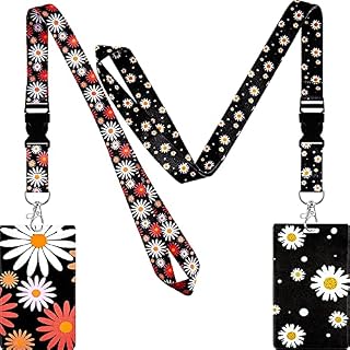 2 Set Daisy Lanyard with Card Holder, Daisy Neck Strap Flowers Lanyard and Waterproof Transparent Badge Holder for ID Card Keys Tickets, Office School Supplies (Classic Style)