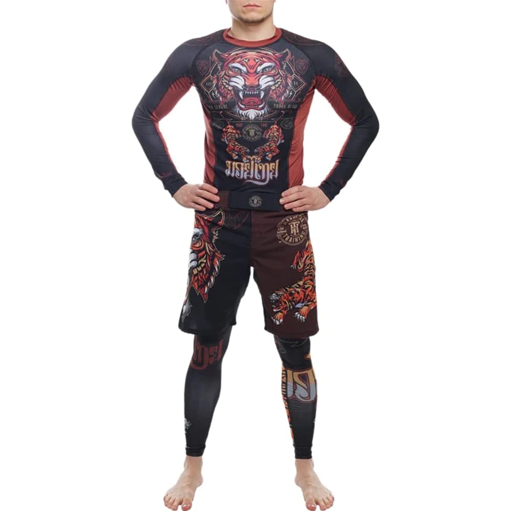 Hardcore Training Rash Guard Mężczyźni Kompresja Koszulka Długi Rękaw BJJ MMA No-Gi Obcisła Grappling Boks (DE/NL/SE/PL, Alfa, S, Regularny, Regularny, Brązowy)