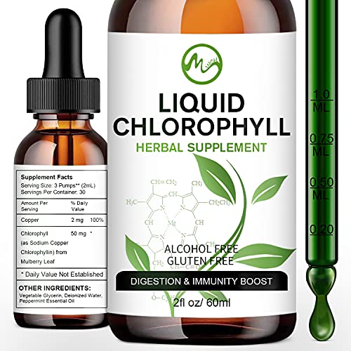 Chlorophyll Liquid Drops - 60ml Organic Non GMO 100% Natural Chlorophyll Water Supplement - Energy Booster, Digestion and Immune System Supports