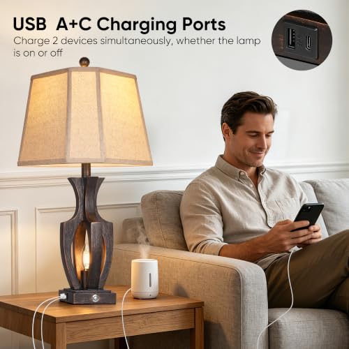 ROTTOGOON 26" Farmhouse Table Lamps Set of 2, 3-Way Touch Dimmable Nightstand Lamp with USB A+C Charging Port, Vintage Bedside Lamps with Dual Light Sources for Bedroom Nightstand End Table (Bronze) - Image 5