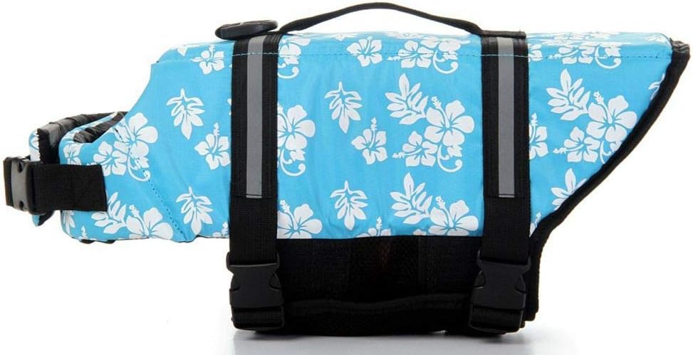ChezAbbey Dog Life Jacket Adjustable Dog Lifevest Swimsuit Safety Vest Apparel Lifesaver Coat for Small Large Cats Puppy Kitty with Handle Reflective for Swimming and Boating Blue Flower L