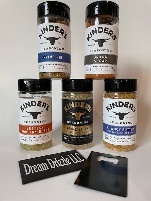 Seasoning Set, KINDERS, Prime Rib, Prime Steak, Brown Sugar, Buttery Poultry Blend, Cowboy Butter, Variety 5 Count Bundle Seasonings Rubs Spices (26.4oz) + credit card style opener (6 items)!