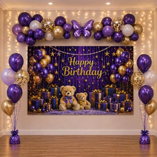 Image of ARV Happy Birthday Fabric Backdrop Banner, Purple and Gold, Teddy Bear and Balloons Design, 3 * 5 ft, Reusable Party Wall Decoration (BDPOSTER1)