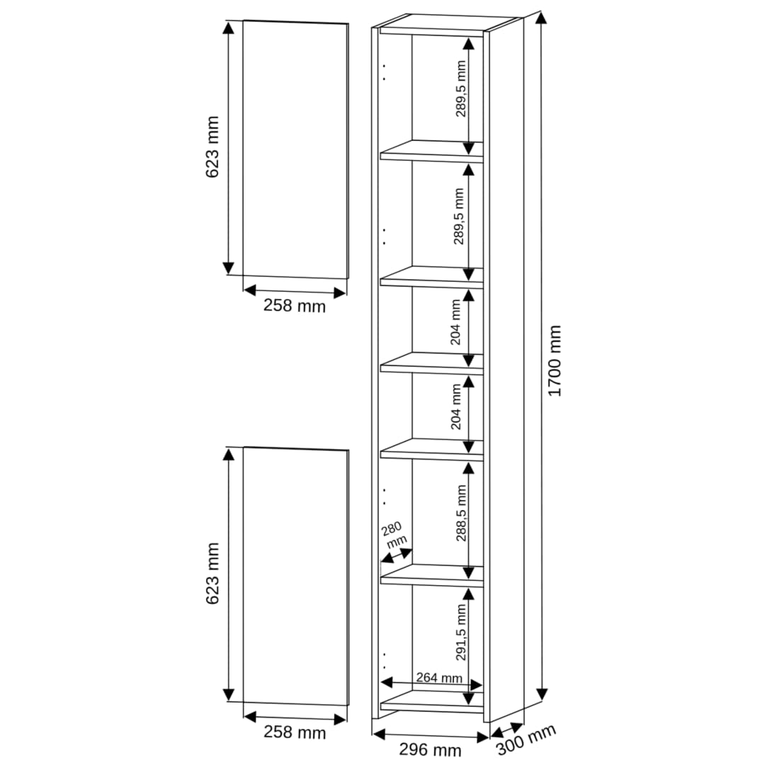 Badezimmerschrank L-30 Anthrazit 30x30x170 cm – schmaler Hochschrank mit 2 Türen & 6 Regalen, Bücherregal für Bad & Flur, Modern L-30
