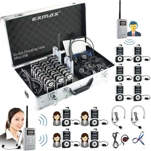 EXMAX ATG-100TS 195MHz Wireless Tour Guide Monitoring Voice Audio Transmission System for Church Translation Conference Presentations Hajj...(2 Transmitters & 25 Receivers Charge Case Mini-USB)