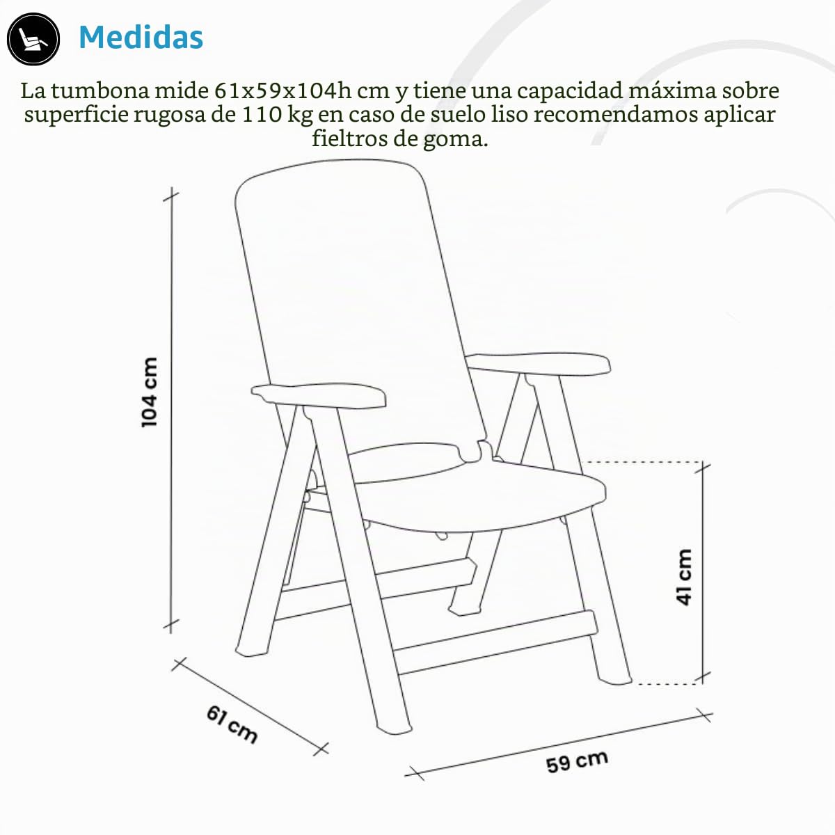 Tomaino Tumbona de jardín plegable de plástico – Sillón para exterior, casa, camping reclinable – 5 posiciones – Con reposabrazos (negro)