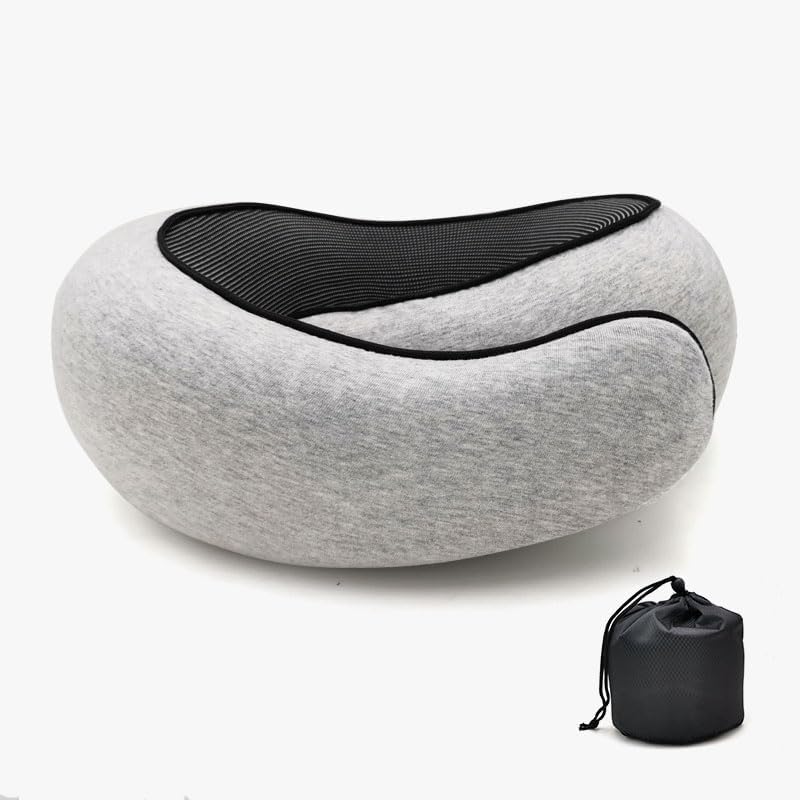 WajadeWajade Travel Pillow, Memory Foam Neck Pillow for Travel, Portable Neck Support Pillow for Airplane Train with Eyemask, Earplugs and Carry Bag (Light Grey)