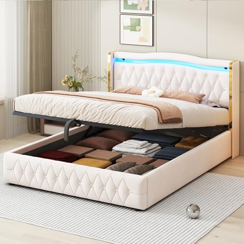 Ymkua Letto Imbottito Letto Matrimoniale 160x200cm, Letto con Contenitore, Letto con LED...