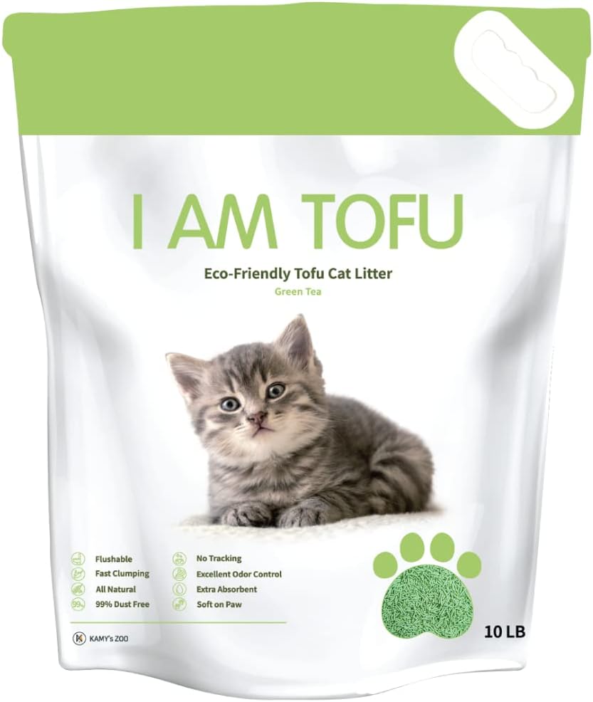 I AM TOFU – Tofu Cat Litter, Natural Flushable, Dust Free, Extra Clumping Pellet Litter (10 LBS, Green Tea)