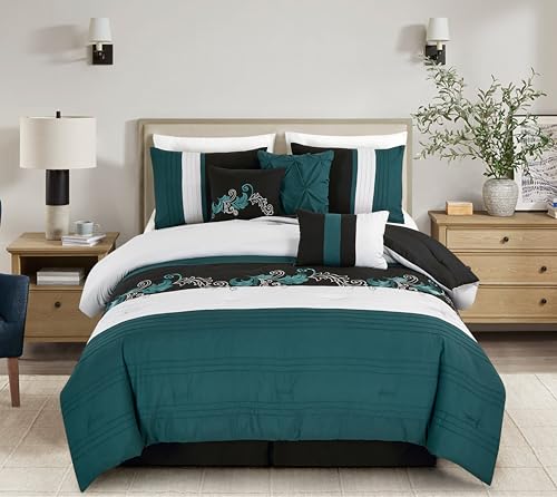 Chezmoi Collection Napa 7-Piece Luxury Leaves Scroll Embroidery Bedding Comforter Set (King, Teal/Black/Gray)