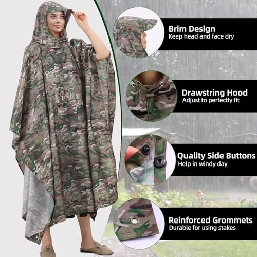 Image of PELLOR Hooded Military Rain Poncho for Adults with Pocket, Waterproof Lightweight and Extra Long, Unisex Raincoat for Hiking Riding, Camping Emergency, Outdoor Rain Cover Reusable