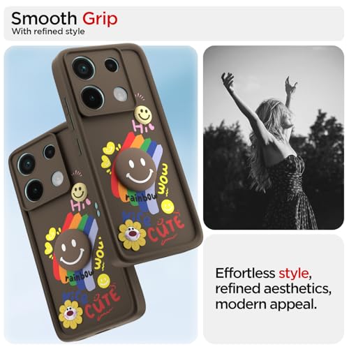 Image of Pikkme Back Cover for Redmi Note 13 Pro 5G / Poco X6 5G | Soft Silicone| Cute Rainbow Smile & 3D Cartoon Flower Design | Shockproof Raised Camera Protection Bumper Case (Brown)