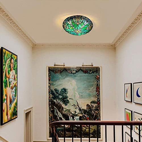 ARTZONE Tiffany Ceiling Lights, Stained Glass Ceiling Light 3-Lights 16 Inch Green Victoria Tiffany Flush Mount Ceiling Light Fixture for Bedroom Dining Living Room Entryway Foyer