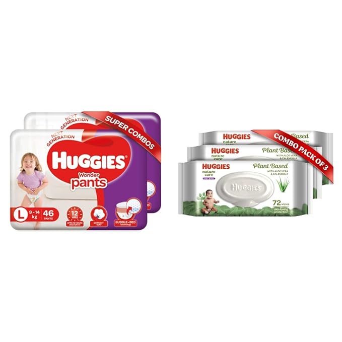 Huggies Wonder Pants Large Size Diapers Combo Pack of 2, 46 Counts Per Pack (92 Counts) & Huggies Baby Wipes - Cucumber & Aloe, Pack of 3 (216 Wipes)