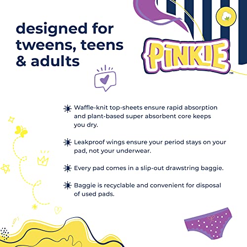 Pinkie Period Pads For Tweens & Teens - Designed For Smaller Underwear - Organic Cotton Topsheet Teen Pads With Wings - Bleach Free & Chlorine Free - Teen Combo Pack, 18 Count #TOP3