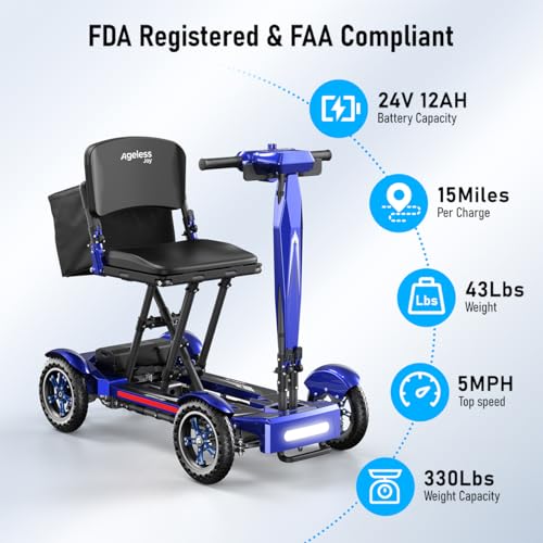 Image of Mobility Scooter Adults & Seniors, Blue, 12AH Li-ion Battery | 15 Miles Range, Airline Approved, Carbon Fiber Lightweight, All-Terrain, 330lb Capacity