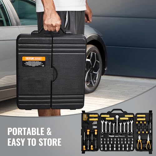 Image of VEVOR Mechanics Tool Set 221Pieces - 1 /4 inch and 3 /8 inch Drive Sockets - SAE and Metric Mechanic Tool Kit with Bits - Wrenches, Ratchet Handle, Accessories, and Plastic Storage Case - for Automotive Repair