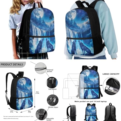 Moon Wolf Bookbag for Boys with Lunch Box 6-8 8-12 Kids Backpack Set Lightweight 17 Inch Bookbag with Front Pocket for Elementary Middle School Bags Large Capacity Back Pack for Teens2