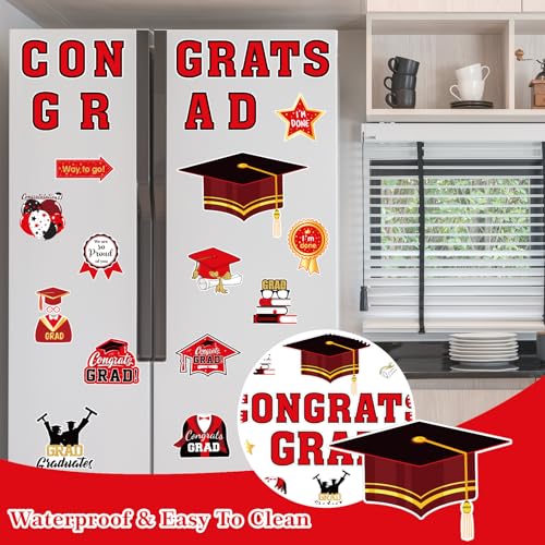 Image of JarThenaAMCS 28Pcs Graduation Car Magnets 6 Inch 2026 Congrats Grad Cap Refrigerator Stickers Automotive Cruise Garage Door Magnetic Decals for Mailbox Metal Cabinet Decor (Red, Gold)