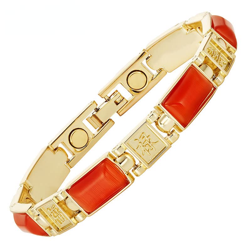 YSJNGF Bransoletka Charms Biżuteria magnetyczna Damska złota bransoletka Chińskie znaki Pomarańczowe kamienie Cat Eye Damska opaska na nadgarstek Bangle Charm Gift