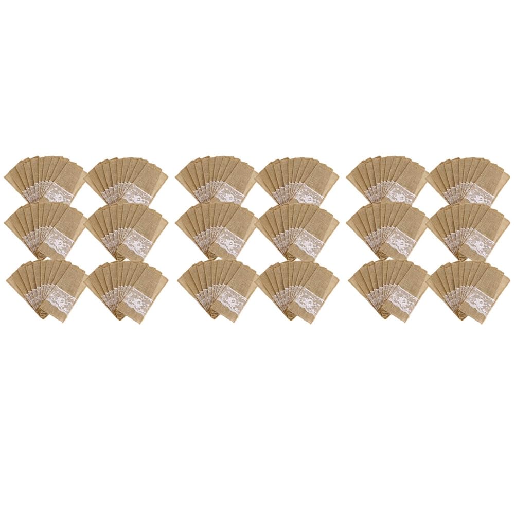Hndhbfgrt 225Pcs Burlap Lace Cutlery Pouch Rustic Wedding Tableware Knife Fork Holder Bag Hessian Jute Table Decoration
