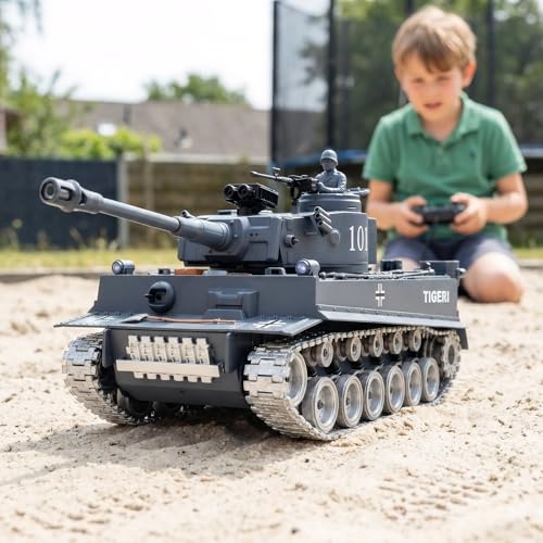 AoreSpty RC Panzer 1:18 Tiger Ferngesteuert mit Metallketten & Schussfunktion, Militär Spielzeug Auto mit Wasserbomben & BBS, Bagger Spielzeug Alternative