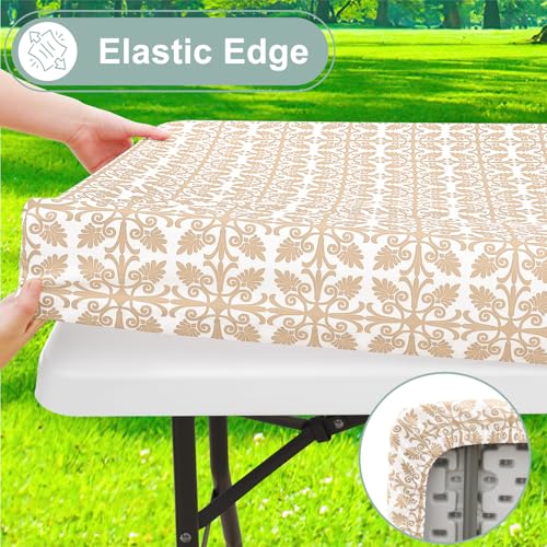 Image of misaya Picnic Table Cover with Bench Cover, Waterproof Elastic Fitted Tablecloth for 5 Foot Tables, Rectangle Washable Polyester Tablecloths for Picnic, Camping, Outdoor (Khaki, 30 inch x 60 inch)