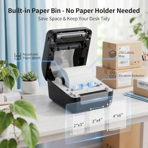 Image of Bluetooth Thermal Shipping Label Printer with Built-in Label Bin, Wireless 4x6 Label Printer for iPhone, Android, Windows & Mac, Includes 50 Labels, Works with USPS, UPS, Amazon, Etsy, Shopify, Black