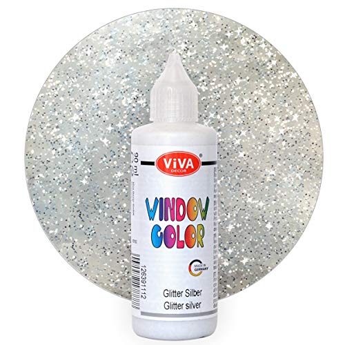 Viva Decor Window Color (Glitter-Silber, 90 ml) Fenstermalfarben für wieder abziehbare Bilder und Sticker für Deko, Spiegel, Fliesen, Vasen und Fenster - Made in Germany